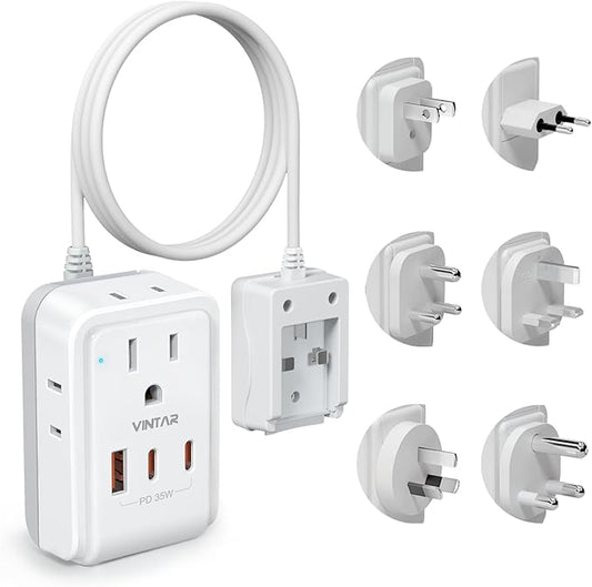Universal Travel Adapter Kit, VINTAR 35W 5FT Detachable Extension Cord with 4 AC and 3 USB Ports(2 USB-C), Type A, C, D, G, I, M International Power Adapter for EU/India/South Africa
