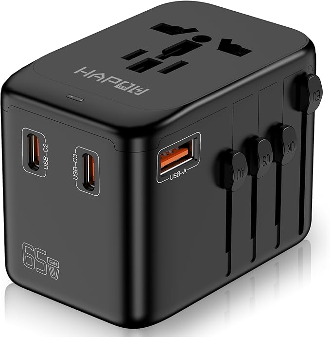 Universal Travel Adapter, GaN 65W International Power Adapter, 3 USB-C & 1 USB-A Fast Charging Travel Charger, All in One Worldwide Travel Plug Adapter, Outlet Adapter for Europe UK USA AU