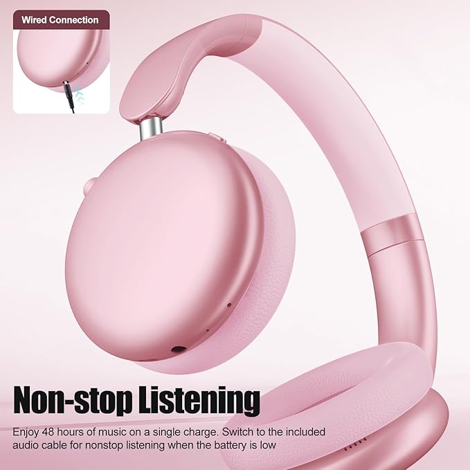 Wentronic Y06 Noise Cancelling Headphones,58H Playtime and 5 EQ Music Modes Wireless Over Ear Bluetooth Headphones with Microphone,Lossless Audio,Multipoint Connection,Foldable,Lightweight,Pink