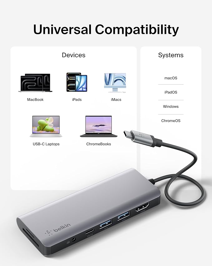 Belkin USB-C Hub, 7-in-1 MultiPort Docking Station for MacBook & Windows - 85W USB-C Power Delivery 3.0, 4K HDMI 1.4, 2x USB-A 3.0, SD 3.0, Micro SD 3.0, & 3.5mm Audio Jack