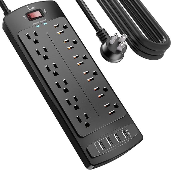 Power Strip, Tcstei Surge Protector with 12 Outlets and 4 USB Ports, 15 Feet Extension Cord (1875W/15A) for Home, Office, Dorm Essentials, 2700 Joules, ETL Listed, Black