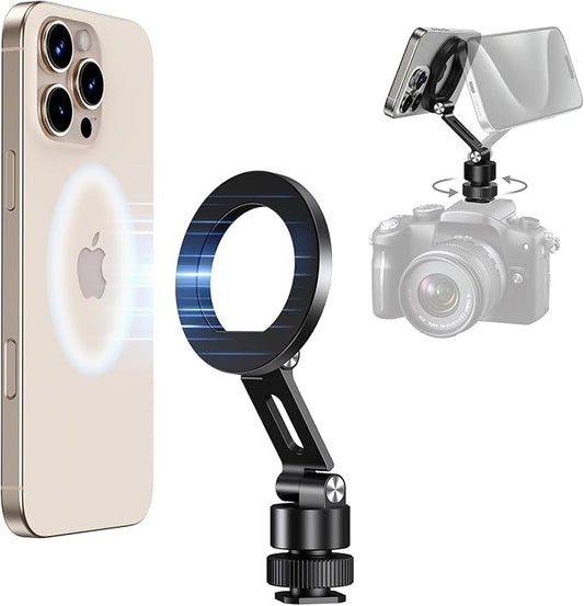 elitehood Magsafe Phone Tripod Mount Adapter with 360° Rotatable Cold Shoe & 1/4” Screw, Magnetic Camera Phone Mount, Aluminum iPhone Holder for Tripod Camera Video Recording Live Streaming Vlogging