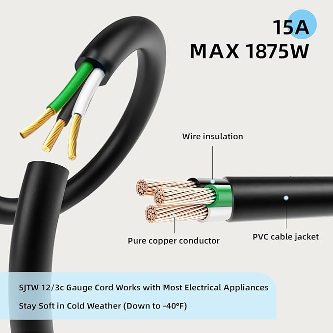 EP 8 Ft Outdoor Extension Cord - 12/3 SJTW Heavy Duty Black Extension Cable with 3 Prong Grounded Plug - Power Cord for Lawn, Garden, Appliances
