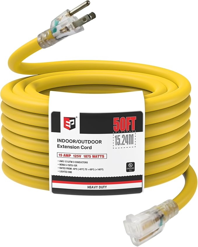 EP 50 ft Lighted Outdoor Extension Cord - 12/3 SJTW Heavy Duty Yellow Extension Cable with 3 Prong Grounded Plug - 15AMP Power Cord for Lawn, Garden, Appliances