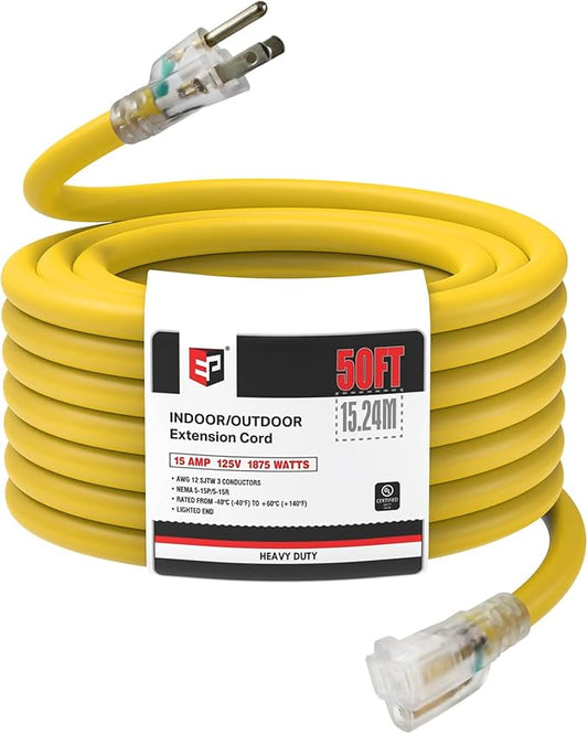 EP 50 ft Lighted Outdoor Extension Cord - 12/3 SJTW Heavy Duty Yellow Extension Cable with 3 Prong Grounded Plug - 15AMP Power Cord for Lawn, Garden, Appliances