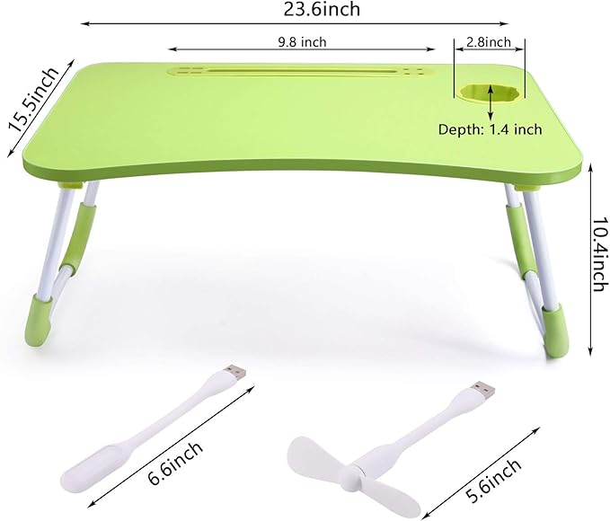Slendor Lap Desk with Cup Holder, Foldable Laptop Table for Bed, Portable Bed Desk for Laptop and Writing, Computer Tray with Tablet Slot, Notebook Stand Reading Holder for Couch Sofa Floor,Green