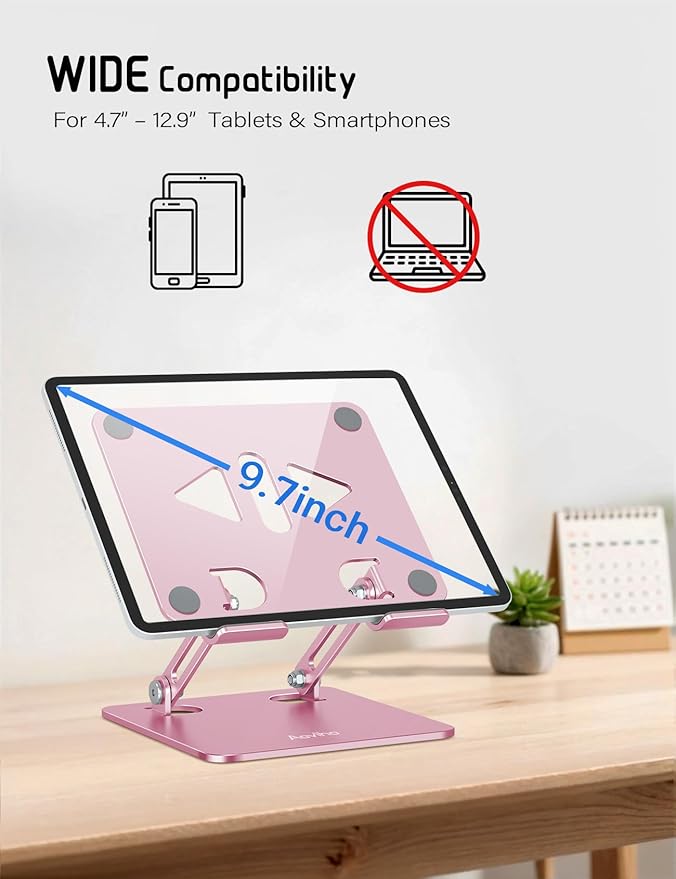 Tablet Stand Holder for Desk, Adjustable Desktop Tablet Holder, Foldable Aluminum Tablet Mount for iPad pro 12.9, iPad Air Mini, Samsung Galaxy Tabs Z Fold Kindle Fire,4-12 inch, Rose Gold