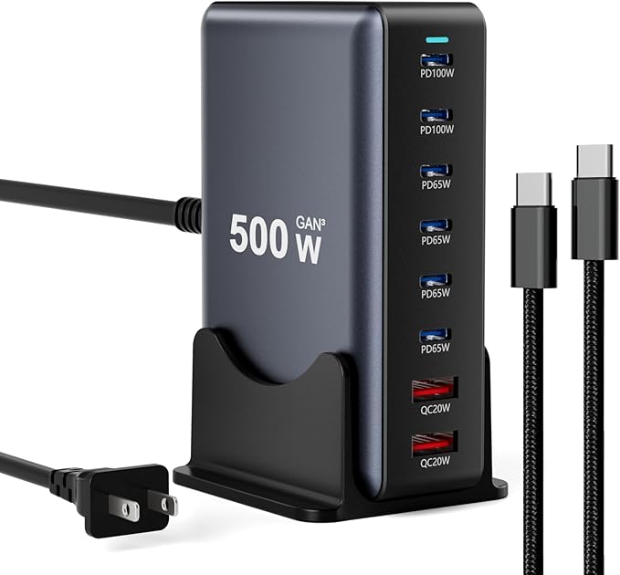 500W Fast Charging 8 Port USB C Charger Block with Nylon Fast Charging Cable, Multi-Device Charging Station Wall Desktop Charger with GaN Ⅲ Technology, USB-C Charger Adapter for MacBook/iPad/iPhone 16