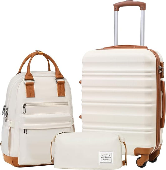 LONG VACATION Carry On Luggage Sets 3 Piece 20 Inch Suitcase Set, ABS+PC Hardshell Lightweight Travel Luggage with Spinner Wheels & YKK Zipper TSA Lock (20 INCH (BP/TB), WHITE-BROWN)