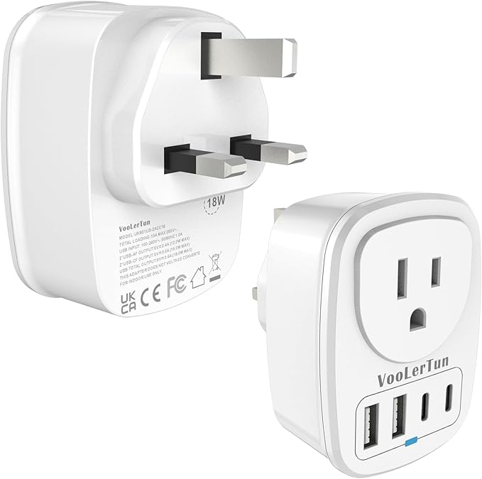Type G-UK Plug Adapter, VooLerTun England Travel Adapter with 4 USB Ports (2 USB C),1 American Outlet Adapter. US Converter to Ireland Scotland Dubai Hong Kong Travel Essential