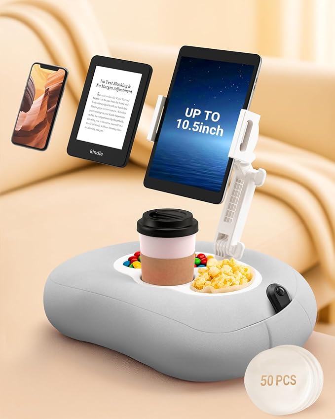 Kindle Pillow Stand for Bed, Adjustable Tablet & Phone Holder for iPad, Kindle, Couch – Snack & Drink Holders, 50 Disposable Liners & Washable Pillow Cover (Grey)