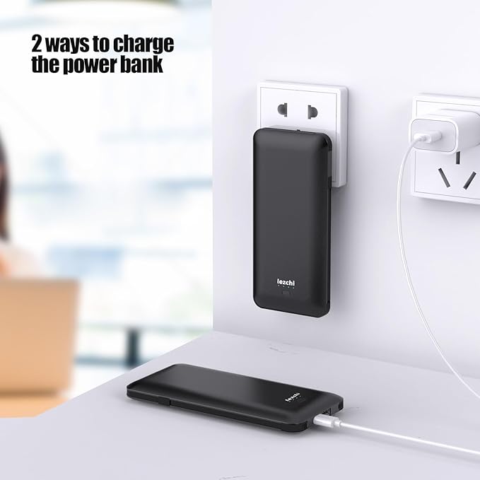 Portable Power Bank, Ultra Slim 10000mAh Portable Charger with Built in Cable, USB C External Battery Pack with Built-in AC Wall Plug Compatible with iPhone Smartphone Tablet…