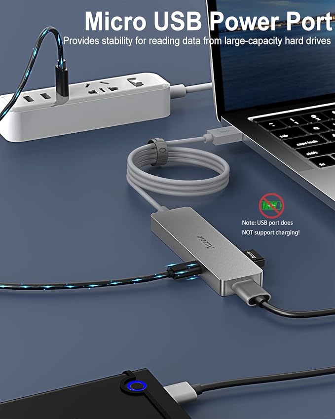 Aceele 5Gbps USB 3.0 Hub, 6 in 1 Ultra Slim Data USB Hub with 4ft Extended Long Cable, USB Multiport Hub with Micro USB Powered Port, SD/TF Card Slot Port, Compatible for PC, Laptop, MacBook