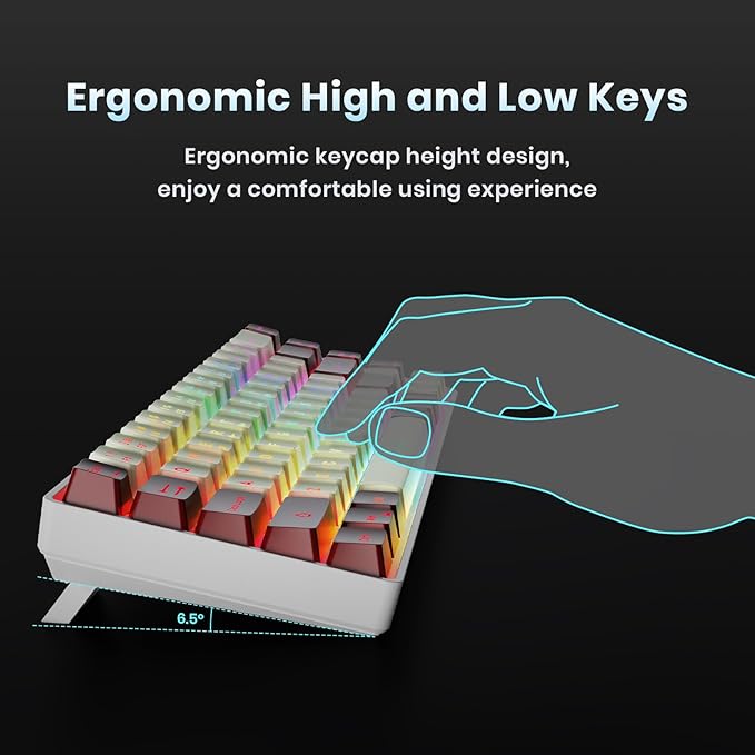 65% Wireless Gaming Keyboard: LED Backlit, 68 Keys, Ultra-Compact, Anti-ghosting, No-Conflict Wireless Keyboard for PC Laptop Windows Gamer(White-Red)