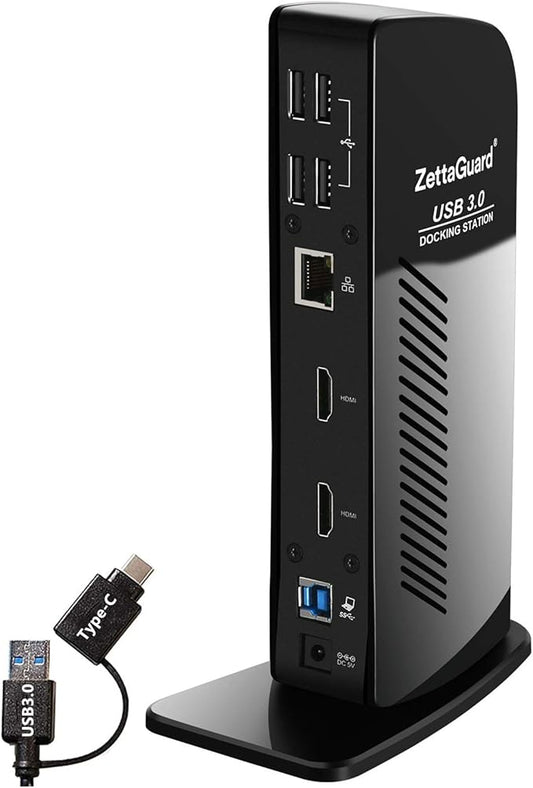 USB 3.0 and USB-C Universal Laptop Docking Station for Windows and Mac (Dual 4K Video HDMI, Gigabit Ethernet, 6 USB 3.0 Ports, 3.5 mm Audio)