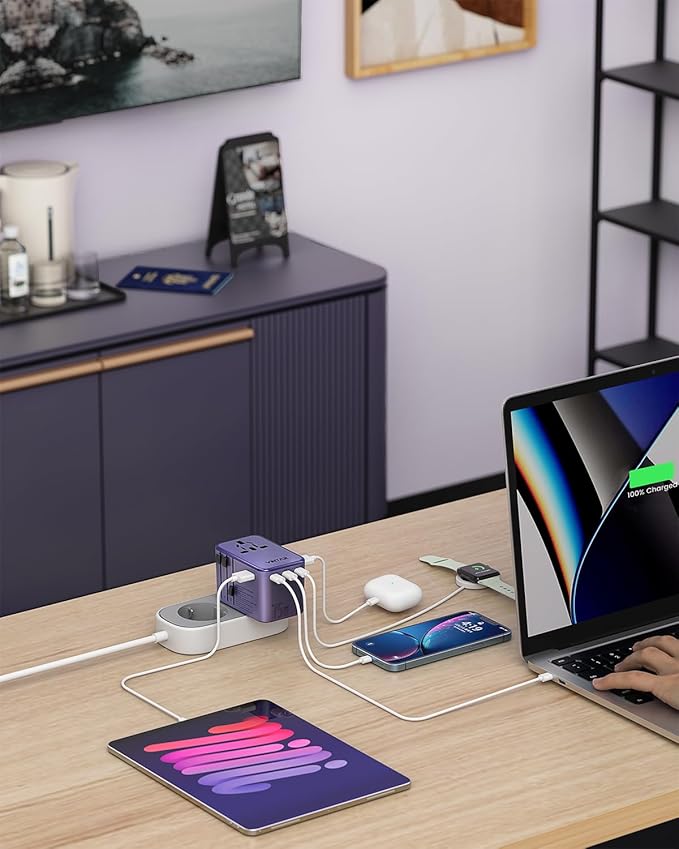 Universal Travel Adapter, VINTAR 75W GaN International Power Adapter with 3 USB C PD and 2 USB A QC, All in One Travel Essentials for UK/EU/USA/AUS, Travel Adapter Worldwide for Laptops Phones, Purple