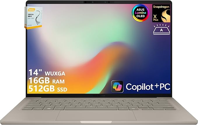 ASUS Zenbook A14 Copilot+ AI PC Laptop | 14" WUXGA OLED (100% DCI-P3) | Qualcomm Snapdragon X Plus (Up to 45 Tops) | 16GB RAM 512GB SSD | for Creator Business Professional Win11 w/DLCA Accessory