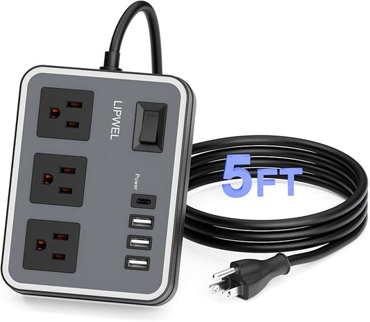 3 Outlet Power Strip with 3 USB Charging Ports and 1 USB-C Port, 1200W Extension Cord 5ft Power Cord, Black,Overload Protection Switch,No Surge Protector for Cruise Ship, Travel, Dorm, Home, Office