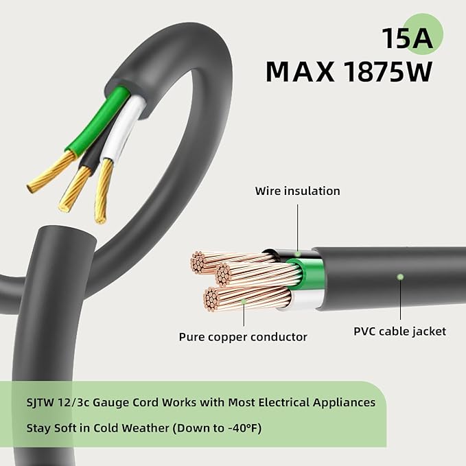 EP 40 Ft Outdoor Extension Cord, 12/3 SJTW Heavy Duty Extension Cable with 3 Prong Grounded Plug, 15 AMP Power Cord for Lawn, Garden, Appliances, Gray