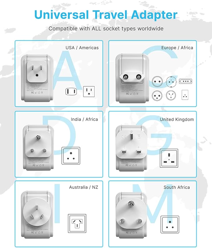 VINTAR Universal Travel Adapter Kit, 3ft Detachable Extension Cord with 2 AC Outlets & 3 USB(2 USB C), Type A/C/G/D/I/M International Power Adaptor for US to Europe UK India South Africa Japan