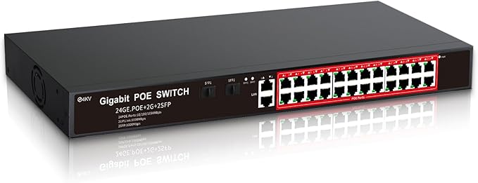 STEAMEMO 24-Port Managed Gigabit PoE+ Switch | 24×PoE+ Ports@360W, 2×Gigabit Uplinks, 2×SFP | VLAN, QoS, Port Mirroring | Metal Casing, Plug & Play | Overload Protection w/ Port