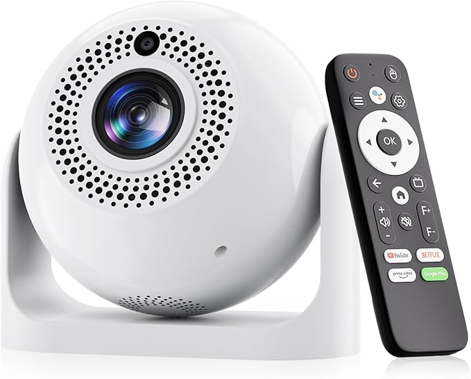 Mini Projector with WiFi and Bluetooth Auto Focus & Vertical Keystone Smart Portable Projector Android 13 with Built in Apps 1080P HD 4K Support w/ HDMI/USB Supported Home Movie Projector (White)