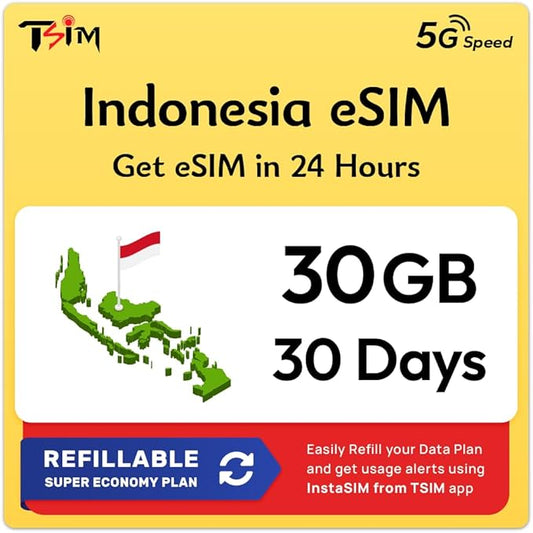 Indonesia eSIM | 30GB Super Saver Refillable Plan! QR Code Sent via Email in 24Hrs - Scan & Use Immediately | Auto Activating 30 Day Validity | Hotspot Allowed | Data-Only No Phone Number