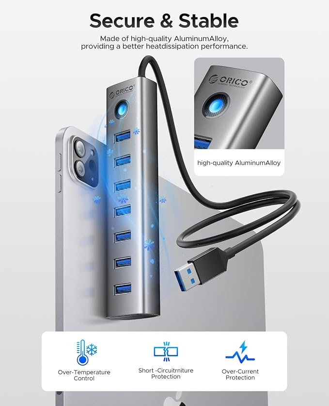 ORICO Aluminum 7-Port USB Hub with 1.64Ft Cable, Multiple USB 3.0 Hub, 5Gbps Data Transfer, 5V 3A Type-C Port, UBS-A Splitter for PC, Laptop, Desktop