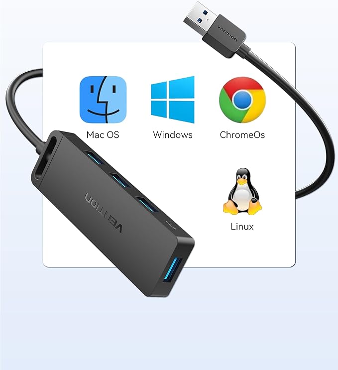 VENTION USB Hub 3.0 Splitter with 3FT Extension Long Cable 4-Port Ultra-Slim Multiport Expander for Desktop, PC, Laptop, Surface Pro, PS4, Flash Drive, Mobile HDD