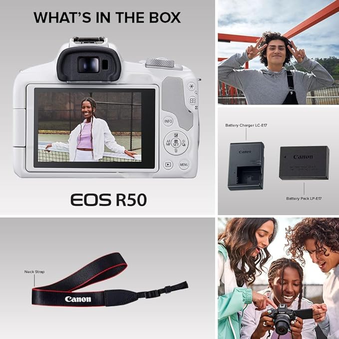 Canon EOS R50 Mirrorless Vlogging Camera (Body Only/White), RF Mount, 24.2 MP, 4K Video, DIGIC X Image Processor, Subject Detection & Tracking, Compact, Smartphone Connection, Content Creator