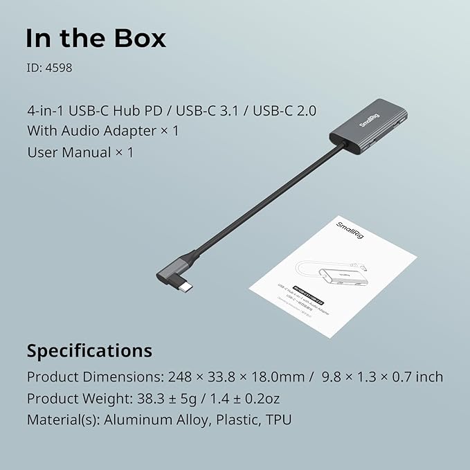 SmallRig 4-in-1 USB-C Hub with a Cold Shoe Mount, Type- C Multiport Hub with PD 100W / USB-C 3.1/2.0 with Audio Adapter x 2, for Mobile Shooting of ProRes Videos at 4K 60fps - 4598