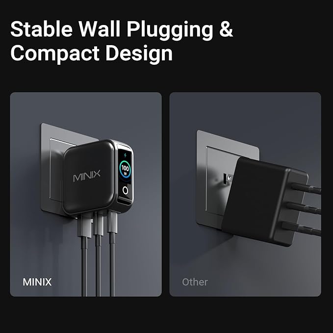 MINIX 100W USB C Charger, 3 Port GaN Charger with Smart Display and Touch Control, Powerful 100W Fast Charging for MacBook pro, iPhone 17/16 Series, Samsung Galaxy, Pixel, Laptop, and More