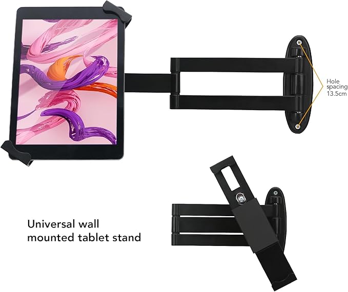 Tablet Wall Mount, Adjustable Arm Swivel, Anti-Theft Security Lock & Key, Foldable, 360 Rotating, Black
