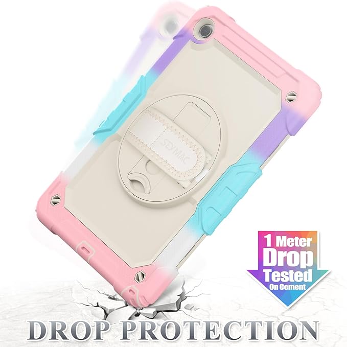 SEYMAC stock Case for Samsung Galaxy Tab A9+ Plus 11'', Full-Body Drop Protection Case with Screen Protector Pencil Holder [360° Rotating Hand Strap] &Stand, Yellowish+Pink