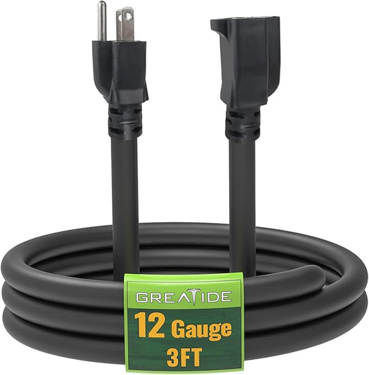 3 Ft Extension Cord - 12/3 SJTW Heavy Duty Black Extension Cable with 3 Prong Grounded Plug - Power Cord for Lawn, Garden, Appliances