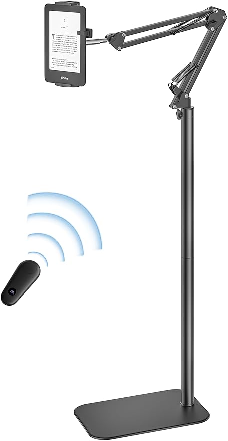 Kindle Floor Stand Holder with Remote Page Turner for Reading in Bed, Adjustable Tablet Mount with Clicker, Kindle Accessories Tablet Stand Holder for Kindles Tablets iPhones 4.7-12.9 inch(Black)