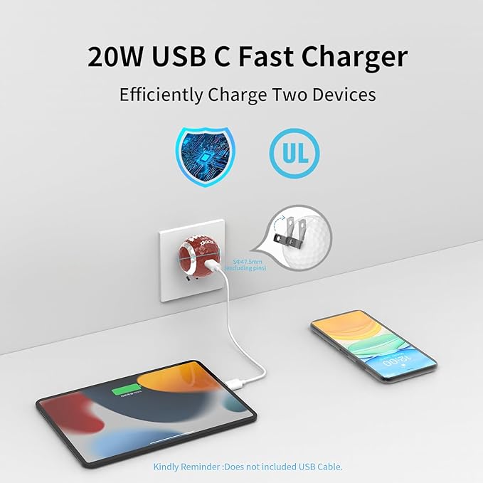 USB C Charger Block 20W，Creative Golf Ball Type C Wall Charger，GaN III Power Adapter with UL Certified，Fast Charging for iPhone 16/15 Series, Galaxy, Google Pixel,iPad,AirPods