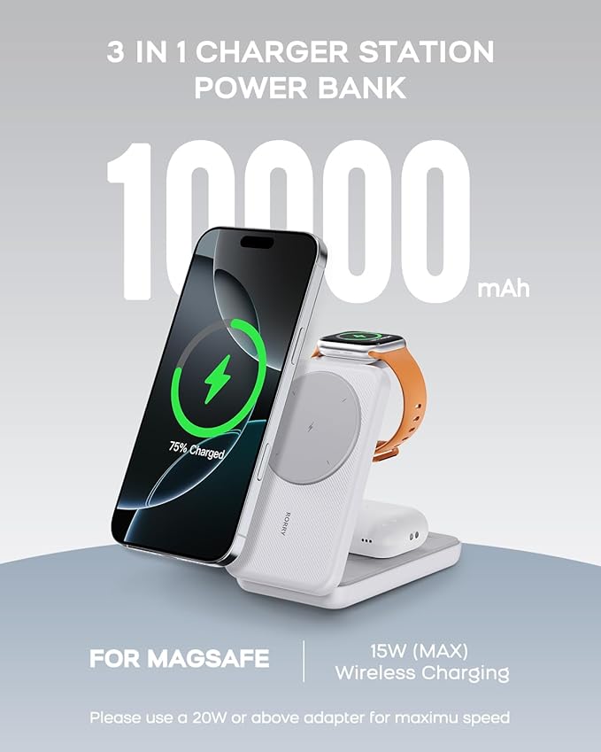 RORRY Portable Charger, 3-in-1 Charging Station 10000mAh Portable Charger Power Bank for MagSafe Foldable Battery Pack Travel for iPhone 16/15/14/13/12, for Apple Watch 10/9/8/7/6/5/Ultra/2, White