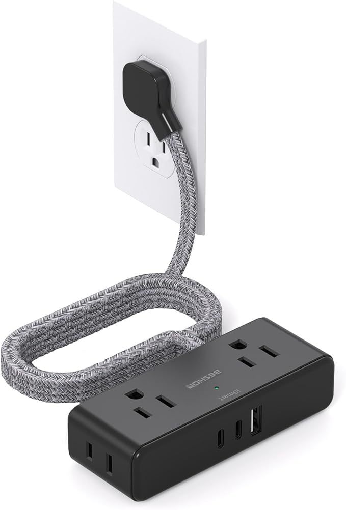 Black Flat Extension Cord 3 feet, Flat Plug Power Strip, 4 Widely Outlets with 3 USB Ports (2 USB C), 3 Side Outlet Extender with Extension Cord with Multiple Outlets for Home, Dorm Room Essentials