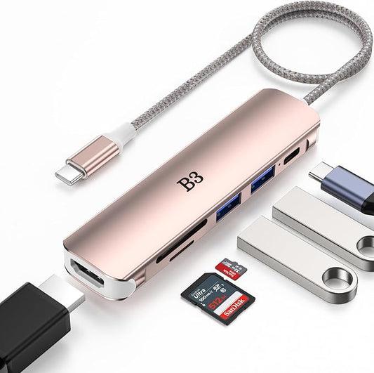 USB C Hub HDMI Adapter for MacBook Air Pro, 6 in 1 4K Dongle Multiport Converter with 50cm Cable, USB 3.0 5Gbps Data Transfer, 55W PD, SD/TF Card Slotfor Mac M1 M2 PC Laptop