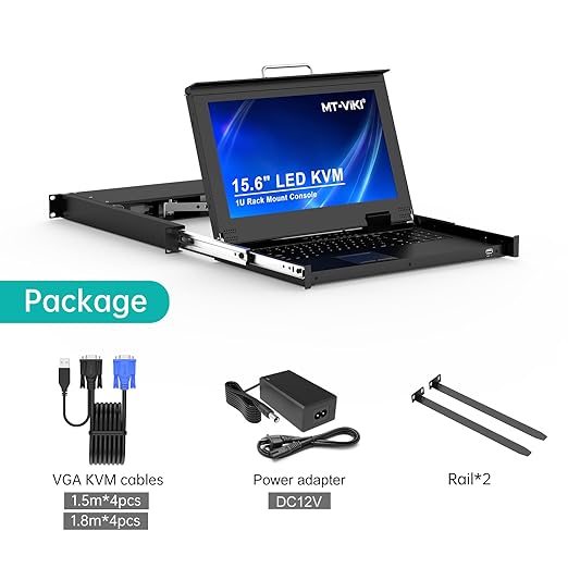 MT-VIKI Rack Mount KVM, 8 Port KVM VGA Switch w/15.6'' LCD Monitor, 1080P, Mount into 23.6-31.5'' deep Server Cabinet, Integrated Touchpad+Keyboard+8 KVM Cables