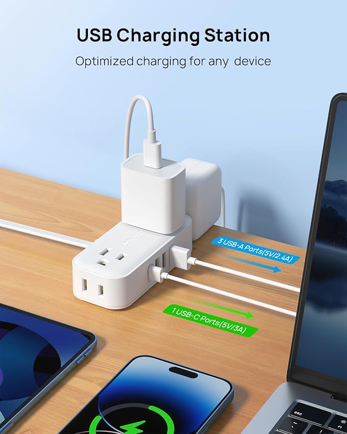 TROND Travel Power Strip with USB Ports, 10ft Flat Plug Extension Cord with Multiple Outlets, Small Wall Mount Extender Adapter for Office Dorm Room Essentials, White
