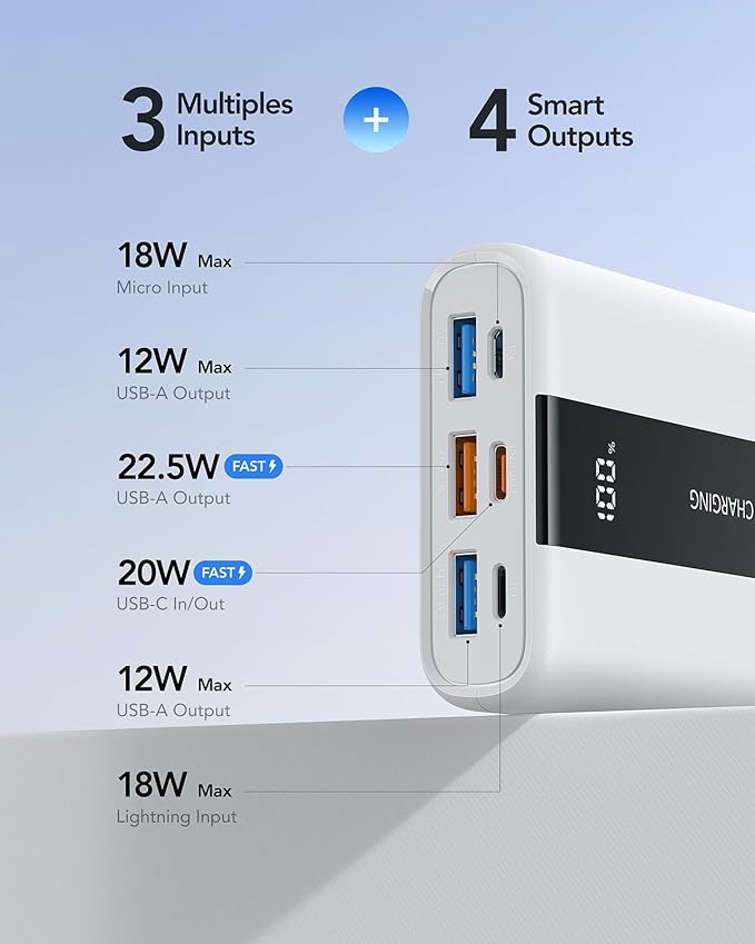 VRURC Portable Charger, 20000mAh Mini Power Bank,22.5W Fast Charging Battery Pack USB C,Travel Charging Bank with 4 Outputs Compatible iPhone 16/15/14/13,Samsung,Android,etc-White