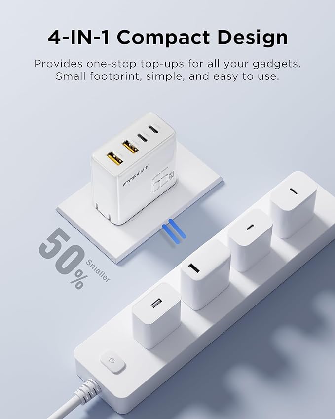 PISEN 65W USB C Fast Charger - 4FT USB-C Cable, 4-Port Compact Foldable GaN Charger, PPS for MacBook Pro/Air, iPad Pro, Galaxy S23, iPhone Series