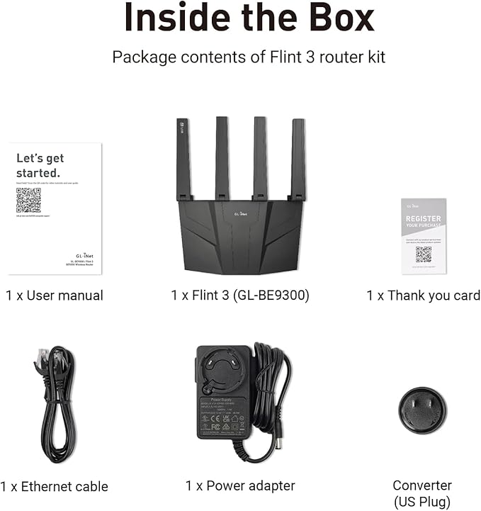 GL.iNet GL-BE9300 (Flint 3) Tri-Band WiFi 7 Router, High-Speed 6GHz Gaming WiFi Router for Wireless Internet, Long Range, 5 x 2.5G VPN Routers for Fiber Optic Modem, Computer Routers, Home & Business