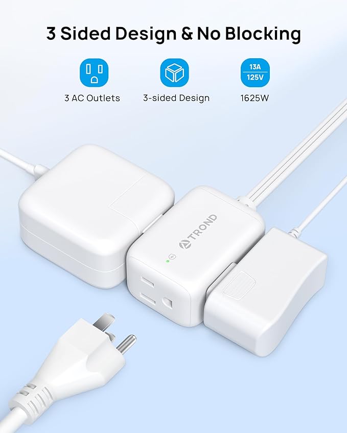 TROND 360° Rotating Flat Plug Extension Cord Surge Protector 1.5ft, Small Power Strip with 900 Joules, 3 Side Grounded Outlets, 13A, SPT 16/3 Gauge Wire for Indoor Home Office Dorm Room Travel, White