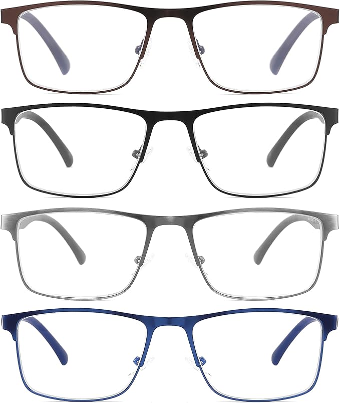 4-Pack Blue Light Blocking Reading Glasses for Men Stylish Metal Frame Readers with Comfort Spring Hinges Anti Glare UV Filter Eyeglasses, +2.25 STRENGTH