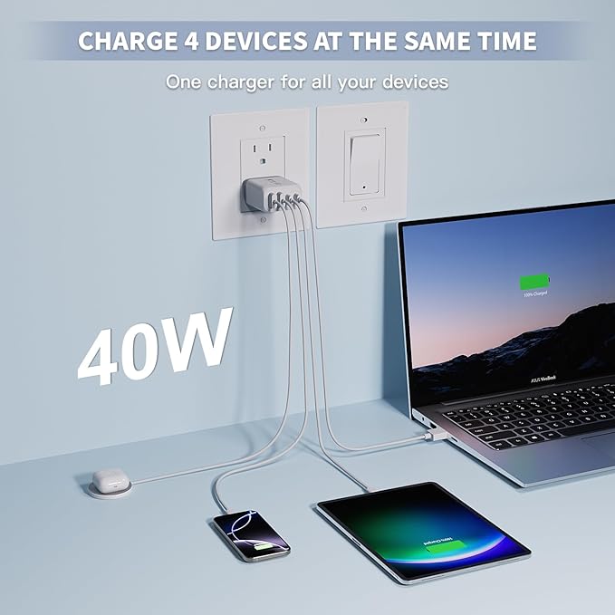 USB C Charger Fast Charging Block,2 Pack 40W PD 4 Port USB C Charger Block Dual Type C Power Adapter+Dual USB-A QC Wall Charging Plug Multiport Brick for iPhone 17/16/15/14/13/12/iPad Pro/Air/Airpods