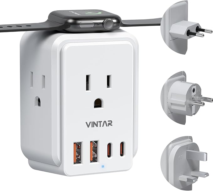 European Travel Plug Adapter for Apple Watch Charger, VINTAR International Power Adapter with 3 AC Outlets 4 USB Ports (2 USB C), Type C/G/E/F Detachable Plugs, US to Europe UK France Italy Spain