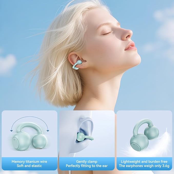 Open Ear Earbuds, Bluetooth 5.4 Clip On Headphones,with Mic, 56H Playtime, IPX5 Waterproof, Clip-On Fit, Clear Audio, for Small Ears, Workout Sports Running(Sky Blue)